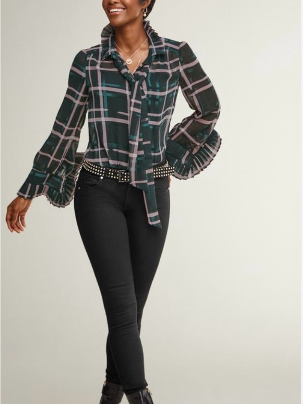 CAbi Cake Green/Pink Plaid Tie-Neck Ruffle Sleeve Blouse with Pink & Teal Lines